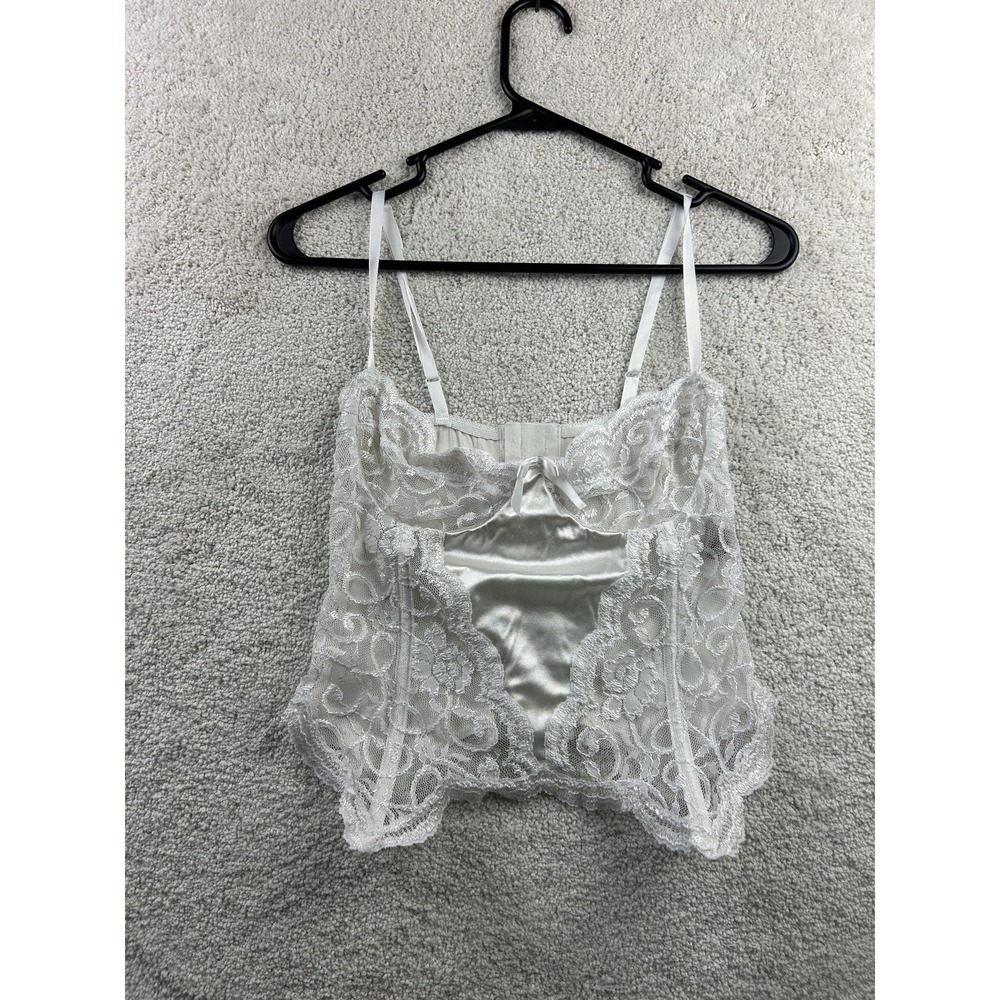 Coquette Bustier Corset Top Womens Medium White Satin Lace Adjustable Hooks